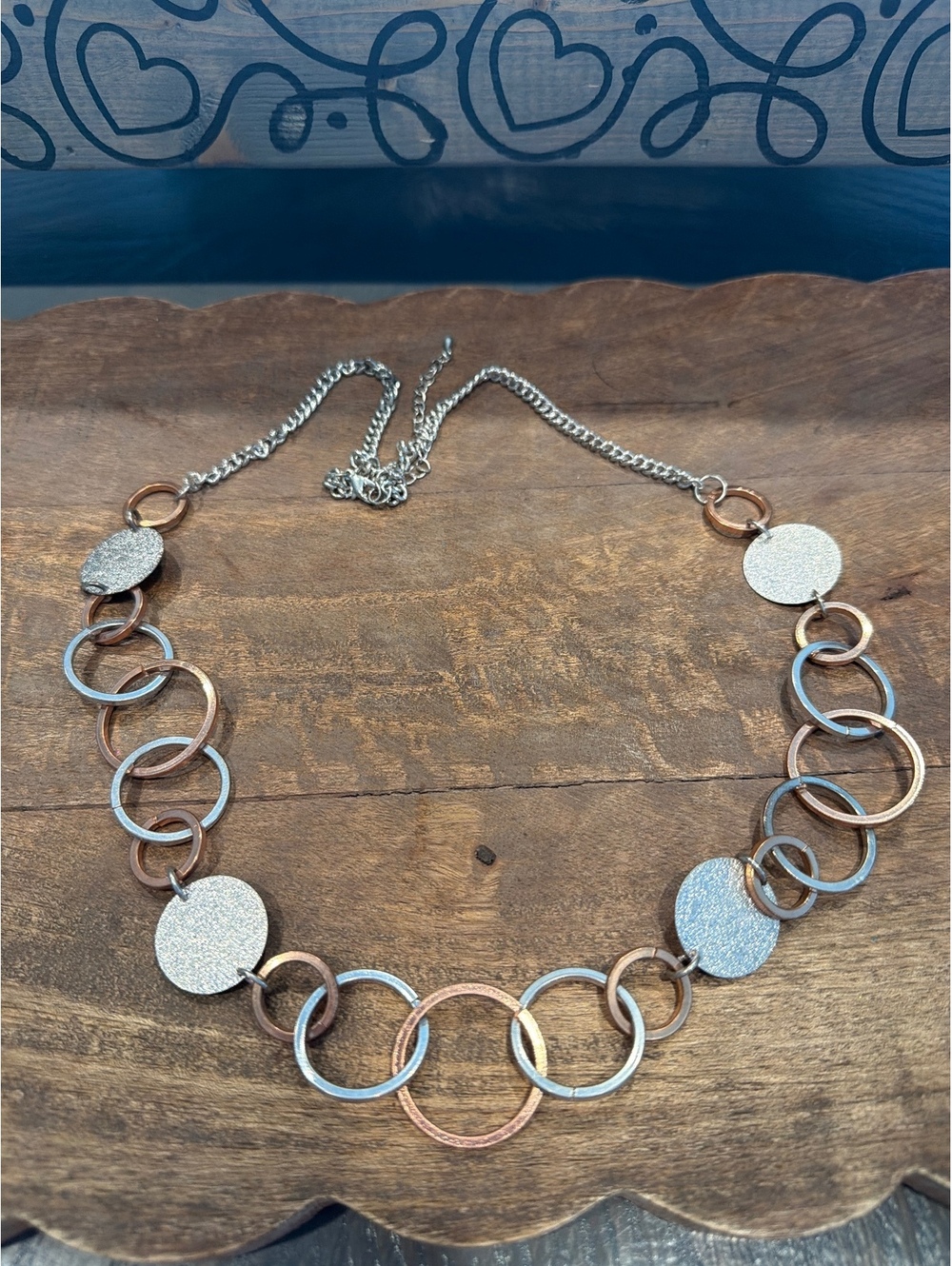 Two-Tone Metal Circle Link Necklace with Textured Discs